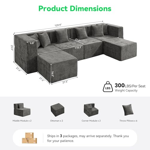 Image of MONVANE 130'' Oversized Boneless Sectional Couches for Living Room, 6-Seat U Shaped Cloud Couch, Modular Sofa with Ottoman & 6 Throw Pillows, Comfy Chenille, No Assembly Required, Gray