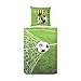 Aminata Kids - Biber Bettwäsche 135x200 Jungen Fussball-Motiv Junge, Jungen, Jungs, Teenies & Jugendliche - Baumwolle, Biber-Kinder-Bettwäsche-Set Flanell grün weiß - warm, weich & kuschelig