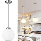 2 Pack 7.2-Inch Globe Pendant Lights, Mid Century Brushed Nickel Pendant Light Fixtures, Globe Pendant Lights Kitchen Island with Milk Glass Shade Hanging Fixture for Dining Room Bulbs not Included