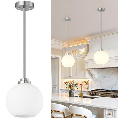 2 Pack 7.2-Inch Globe Pendant Lights, Mid Century Brushed Nickel Pendant Light Fixtures, Globe Pendant Lights Kitchen Island with Milk Glass Shade Hanging Fixture for Dining Room Bulbs not Included