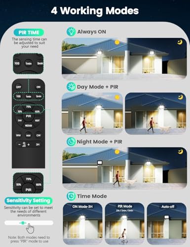 Security Lights Outdoor Motion Sensor, 30W 3 Colours PIR Security Light with Remote Control, 2700LM IP66 Waterproof Outside Lights Dimmable Floodlight Motion Sensor Lights Outdoor for Backyard, Garden - 4