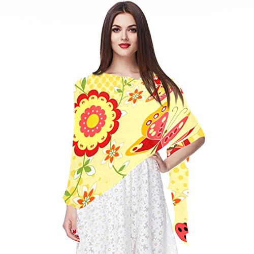 Foulard en mousseline de soie pour femme multicolore aux motifs de papillons et fleurs