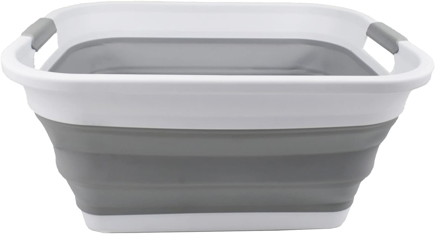 SAMMART 36L (9.5 gallon) Collapsible Plastic Laundry Basket - Foldable Pop Up Storage Container/Organizer - Portable Washing Tub - Space Saving Hamper/Basket (White/Grey)