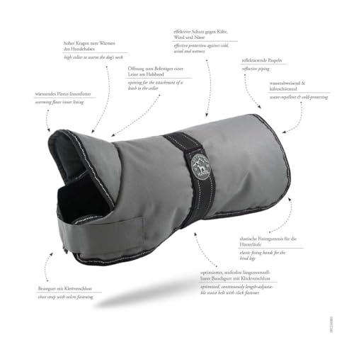 HUNTER Hundemantel DENALI, Farbe: grau, warmer Hundemantel mit Fleece-Innenfutter, wasserabweisend, reflektierend, hoher Kragen, perfekte Passform, leicht waschbar, Größe: 50