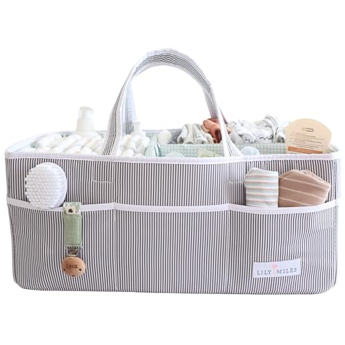 Image of Lily Miles Baby Diaper Caddy - Organizer Tote for Infant Boy or Girl - Baby Shower Basket - Nursery Must Haves - Registry Favorites - Newborn Caddie Car Travel - Gray/Mint, Extra Large
