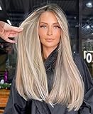 VEBONNY perücke lace front perücke blond, Brown ombre perücke lang, synthetische Perücke blond gerade, Platinum Blonde Straight Hair Wig Side Part, 24 Zoll VEBONNY-087