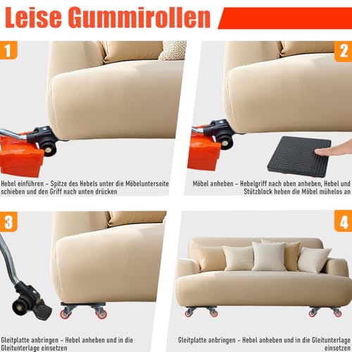 9-Stückiges Möbeltransportrollen Set, 1 62cm Verlängerungsstab, 4 Polster & 4 Möbeltransportrollen, Möbelrollen Mit 500 Kg Belastbarkeit, Möbelroller Mit 360-Grad-Drehrollen