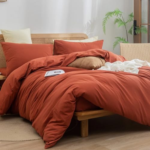 Image of BESTOUCH Cotton Solid Duvet Cover Set Burnt Brick Red Oversized Full | 100% Washed Cotton, Soft Wrinkle Texture, Hidden Zipper, 8 Ties, Breathable Lightweight Durable Comfy, 3 Pcs No Insert