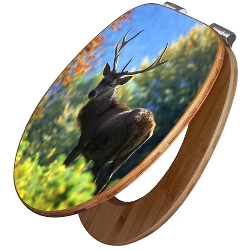banjado Design WC Sitz Bambus Absenkautomatik 45,8x37,5cm - Toilettendeckel mit Absenkautomatik Holz - hochwertiger Bambus Klodeckel - WC-Sitz für gängigen Toiletten - Motiv Hirsch
