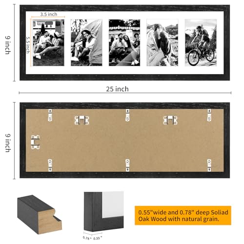 8x24 Oak Wood Picture Frame - 8x24 Photo Frame with Mat Display 5Pcs 4x6 Photos, 4x6 Picture Frame Wood, Natural Solid Wooden Picture Frames for Wall Art Photo and Prints(3 Pack, Black)