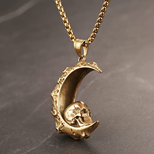 HZMAN Mens Women Gothic Retro Moon Crescent Skull Stainless Steel Pendant Necklace 22+2 Inch Chain4