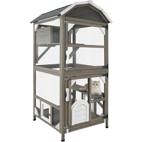 Catio Cat House Outdoor Cat Enclosure Window Large Cat Cage Indoor Outdoor with Multiple Platforms Waterproof Roof and Resting Box Shelter for Stray Kittens (Grey, 29.5