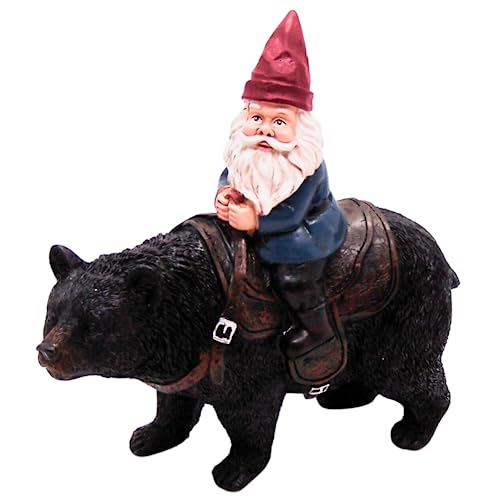Wowser Freestanding Whimsical Gnome Riding Black Bear Figurine - 9.5 Inches