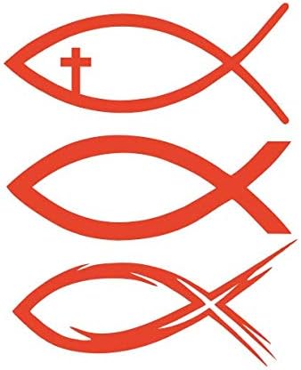 3x Fish Red Christian Jesus Cross 6" Fate Believe Love Christian Fish Symbol Ichthus Peace Hebrew White Decal Vinyl PVC Sticker Motorbike Helmet Car Badge Sticker Door Window Tailgate Truck