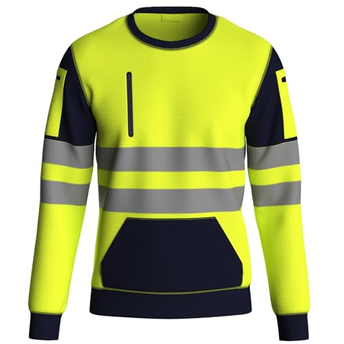 NOROZE High Visibility Long Sleeve Hi Vis Jumper - Crew Neck Fleece Hi Viz Sweatshirt Reflective Tape Safety - Mens Security Workwear Tshirt Top NVY-YEL/L
