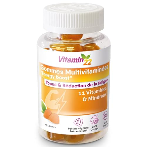 VITAMIN'22 - Gommes Multivitaminées "Energy Boost" - Complément alimentaire à base de 11 vitamines & minéraux - Tonus & Réduction de la fatigue - Goût orange - 60 gommes - Cure 30 jours-image