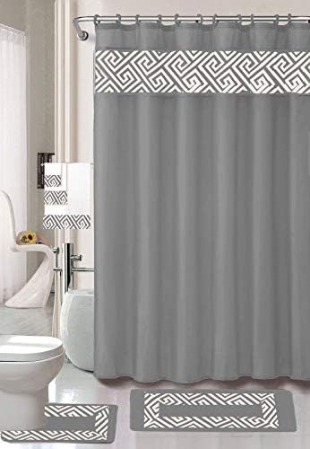 Luxury Home Collection 18 Piece Embroidery Non-Slip Bathroom Rug Set Set Includes Bath Rug Mat, Contour Mat, Shower Curtain, Towels, and Hooks (Grey)