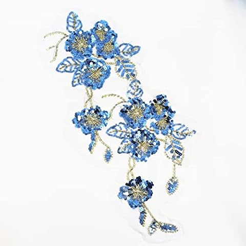 SUNMOVE 1PC 3D Beaded Embroidery Sequin Lace Applique Blue Mirror Sew On Flower Fabric Collar Patch Motif Wedding Gown Dress Bridal DIY Crafts Cover