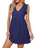 heekpek Abito Estivo Donna Cotone Scollo a V Vestito Corto Donna Senza Maniche con Volant Comodo e Leggero Abiti Jacquard Casual Abito Mare da Spiaggia con Tasche, Blu Navy, L