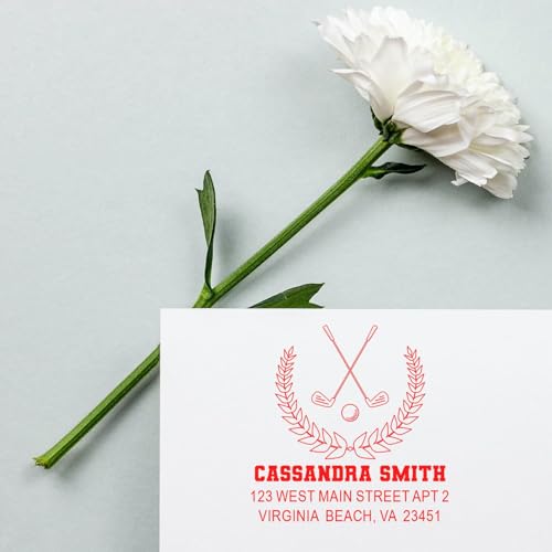 Image of Compact Slim Pre Inked Mailing Stamp Golf Laurels Emblem - Rubber Stamp | Country Club Stamp. Choice of 5 ink colors. Compact Mailing Stamp. Dense, sharp imprint. Engraved after you order.