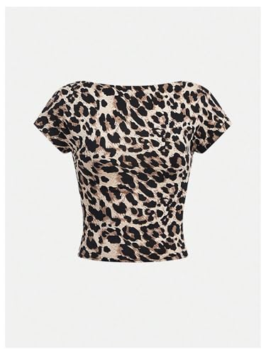 GORGLITTER Girl's Leopard Cheetah Y2k T Shirt Open Back Short Sleeve Crop Top Boat Neck Slim Fit Tee2