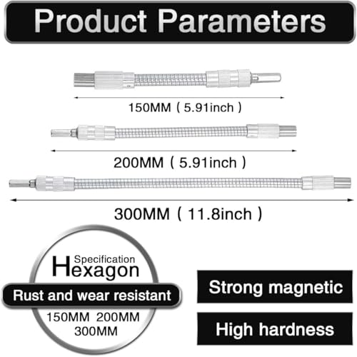 Miniatura 2 de Hohxen Juego De 3 Barras De Extensión Flexibles - 150mm 200mm 300mm, Vástago Hexagonal De 6,35mm 1 4 Pulgada Con Destornillador Magnético Multiusos Para Callejones Sin Salida Y Espacios Reducidos