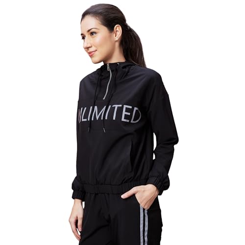 Image of Globus Women Black Typography Print Long Sleeves Hooded Bomber Jacket-3640090001