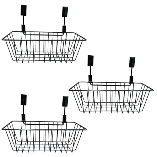 Image of Go Hooked Metal Wire Multipurpose Over Door Basket Hanging Cabinet Storage Organizer Bin for Kitchen Pantry Bathroom Black Space Saving Versatile Compact and Durable Set of 3