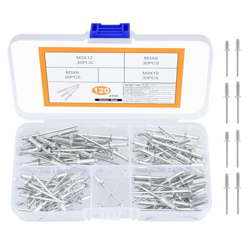 120 PcsRemaches Aluminio, Juego de Remaches Ciegos de Aluminio, Pop Remaches de Cabeza Plana con Extremo Abierto para Metal, Madera, Plástico (Plateados)