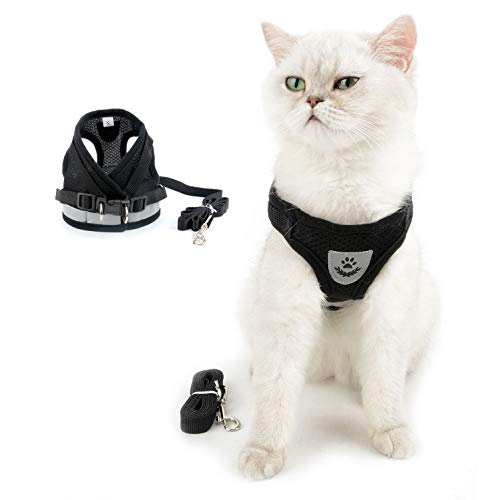 SELMAI Soft Mesh Harness for Cats Reflective No Pull No Choke Step-in Escape Proof Padded Vest for Puppy Small Dogs Boys Adjustable Leash Lead for Kitten Walking Chihuahua Yorkie Black S