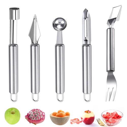 TAIHOBO 5 Pezzi Taglia Frutta Set, Togli Torsolo Mela Robusto e Durevole, Levatorsolo Mela Facile da Pulire Taglia Anguria a Cubetti, Affilato Leva Torsolo Mela e Coltello per Intagliare Frutta