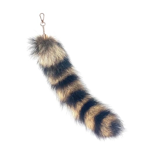 Luxe Fox Fur Tail Keychain - Furry Tail with Gold Clasp for Women, Therian Cosplay Fashion Accessories Pendant (Raccoon)