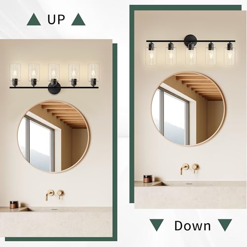 Image of Bathroom Vanity Light Fixtures Matte Black Bathroom Lighting Fixture, 5 Lights Bathroom Light Fixture Over Mirror, Modern Black Vanity Light, Wall Sconces with Glass Shades