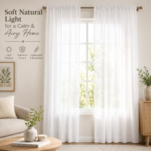 Image of KALIYO Linen Look Sheer Pleated Curtains for Living Room & Bedroom | Premium Light Filtering Window Curtains | Pinch Pleat Header Curtain Panels | White | 9FT | 2 Piece Set