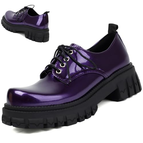 Image of Women's Patent Leather Platform Chunky Loafers Perforated Lace-up Round Toe Wingtip Oxford Shoes Non-Slip Lug Sole Brogue Dress Shoe