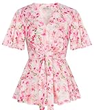 GRACE KARIN Women's White Pink Floral Peplum Tops V Neck Bell Sleeve Tops Tie Front Elegant Work Blouses M