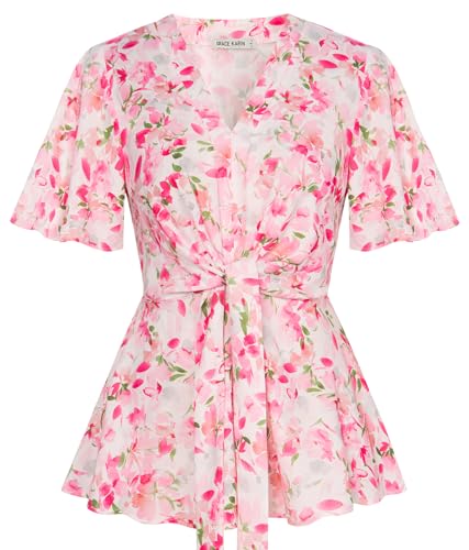 GRACE KARIN Women's White Pink Floral Peplum Tops V Neck Bell Sleeve Tops Tie Front Elegant Work Blouses L