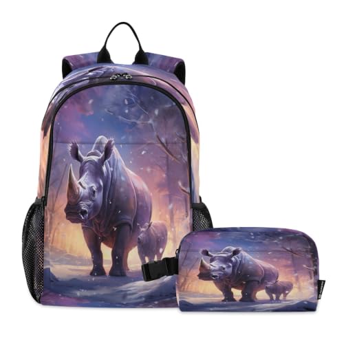 Sac à dos étudiant violet Rhinocéros Neige Nuit pour les sorties et trajets quotidiens