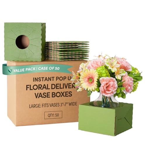Holiday Designs - Pop-Up Florist Delivery Box, Heavy Duty Corrugated Cardboard Vase Boxes for Secure Floral Arrangements During Transport (Green, Large: Case of 50)