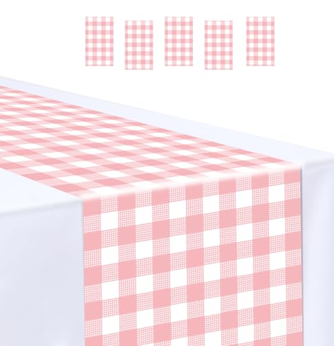 MUNILAIL 6 Pcs Light Pink and White Checkered Table Runner Plastic 14 x 108 Disposable Baby Pink Gingham Table Runner for Birthday Wedding Baby Shower Party Table Centerpiece Decorations by MUNILAIL - Used condition - US$8.08