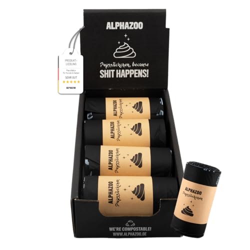 alphazoo Sacchetti per escrementi di cani, biodegradabili, 120 pezzi, sacchetti per escrementi sostenibili per cani su ruote, a prova di perdite, resistenti agli strappi