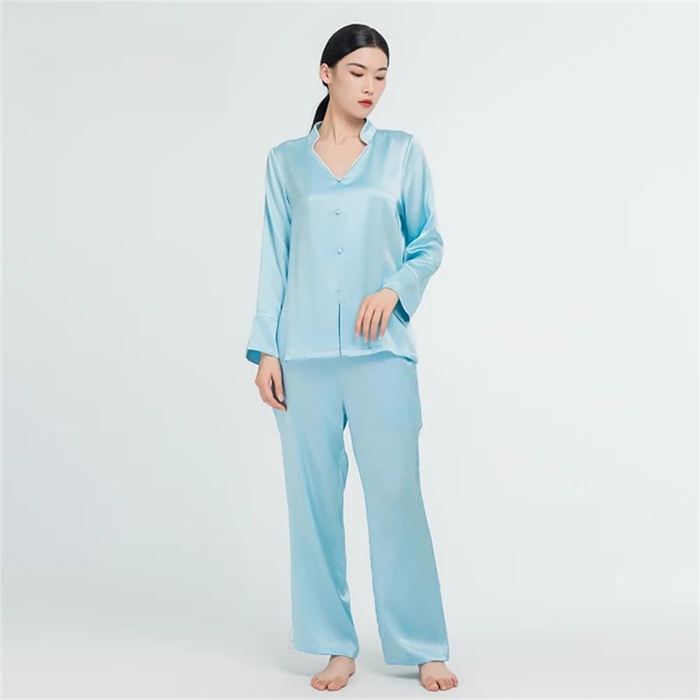 Conjunto de Pijama de Seda, Camisa de Manga Larga con Solapa Abotonada, Top y pantalón, Ropa de Estar por casa de Seda Morera (Rosa pequeño)