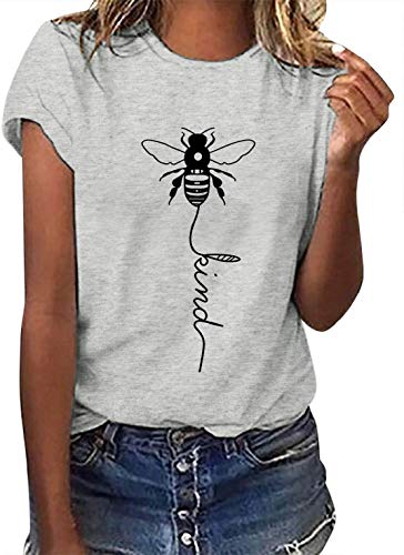 CMTOP Women Bee Kind T-Shirt Ladies Graphic Shirt Crew Neck Short Sleeve Summer Tee Print Tops Slouch Blouse Loose Fit Casual Gray