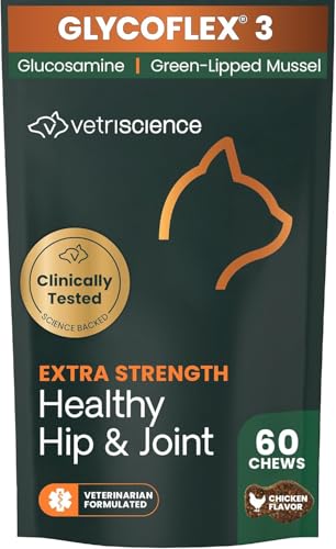 VetriScience Extra Strength Healthy Hip & Joint Chews, GlycoFlex Glucosamine and Green-Lipped Mussel Joint Support Supplement for Cats, Promote Mobility and Soothe Joint Discomfort, Chicken, 60 Count
