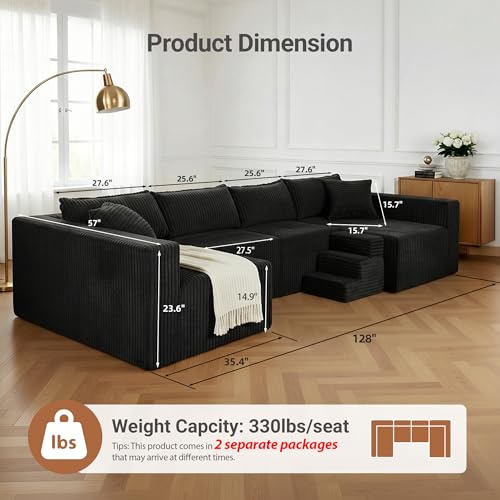 Image of Claiks 128 inch Modular U Shaped Couch, Sectional Deep Seat Sofa with Pet Stair, Black