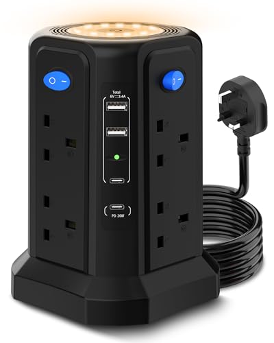 Tower Extension Lead with 2 USB, 1 Type C, 1 PD20W Slots, 3M Cable, (13A 3250W) 8 Ways AC Outlets Surge Protector Extension Lead with 4 Independent Control Switch, Overload protection, Night light