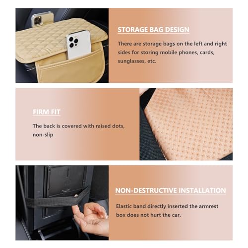 XUPEIXUN Car Center Console Cover,Microfiber Leather Car Armrest Cover Cushion with Storage Bags, Universal Car Armrest Storage Box Car Interior Accessories for Most Vehicles, Beige — view 3