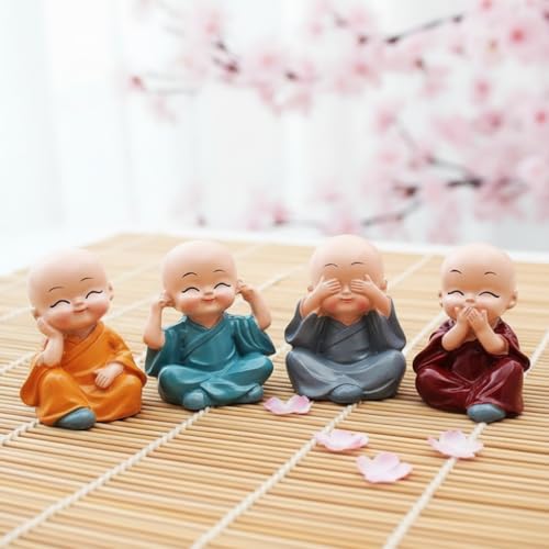 Oblivion Buddha Monk Statues Set of 4 – Miniature Buddha Monk Statues for Home Decor and Gifts, Multicolour Resin Showpiece for Indoor | Cute Monk Figurines | Ideal Gift for Birthday