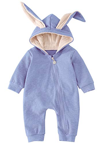 AGQT Baby Boys, Girls First Christmas Clothes Bunny Ear Costumes Onesies Bodysuits Long Sleeve 3D Rabbit Ear Hoodie Romper Light Blue Size 3-6 Months