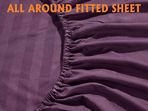 Elegant Comfort Softest and Coziest 4-Piece Sheet Set - 1500 Premium Hotel Quality Microfiber - Luxurious Wrinkle Resistant 4-Piece Damask Stripe Bed Sheet Set, Twin, Eggplant/Purple